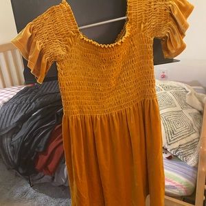 Mustard Velvet Off Shoulder Dress